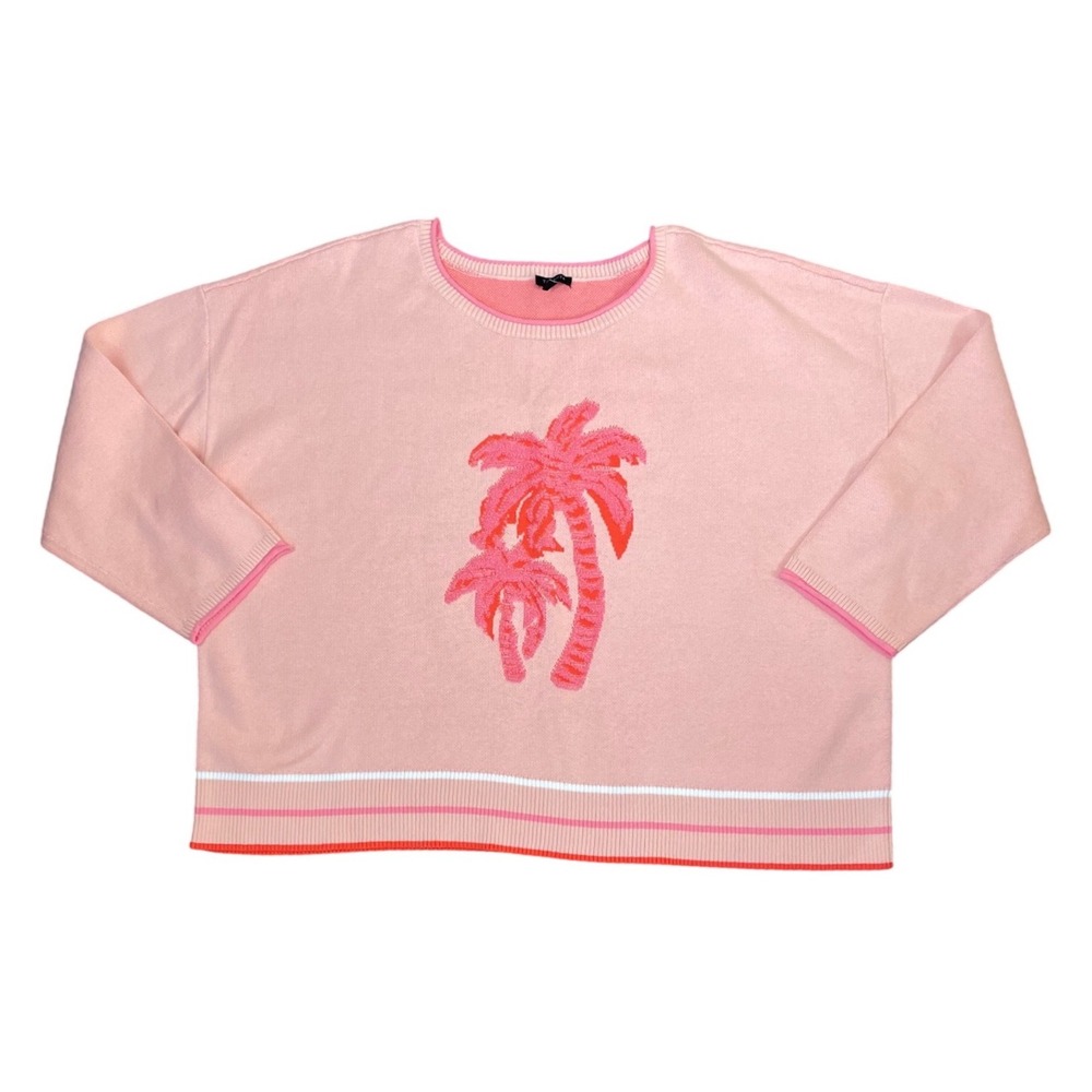 Talbots Plus Pink Cotton Palm Tree Pullover Sweater 3X Tropical Coastal 3/4 Slv